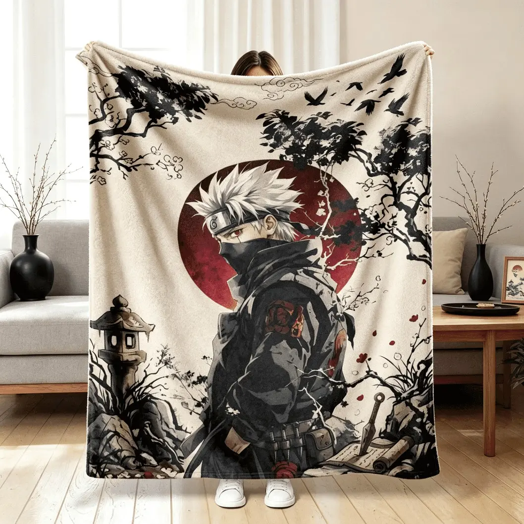 Kakashi Hatake Naruto Series Flannel Blanket, Japanese Ink Art Print Soft Warm Cozy Throw Blanket, Lightweight Anti-Pilling Bedding for Sofa Bed Bedroom Office Travel Home Decor, Adult & Kids Gift