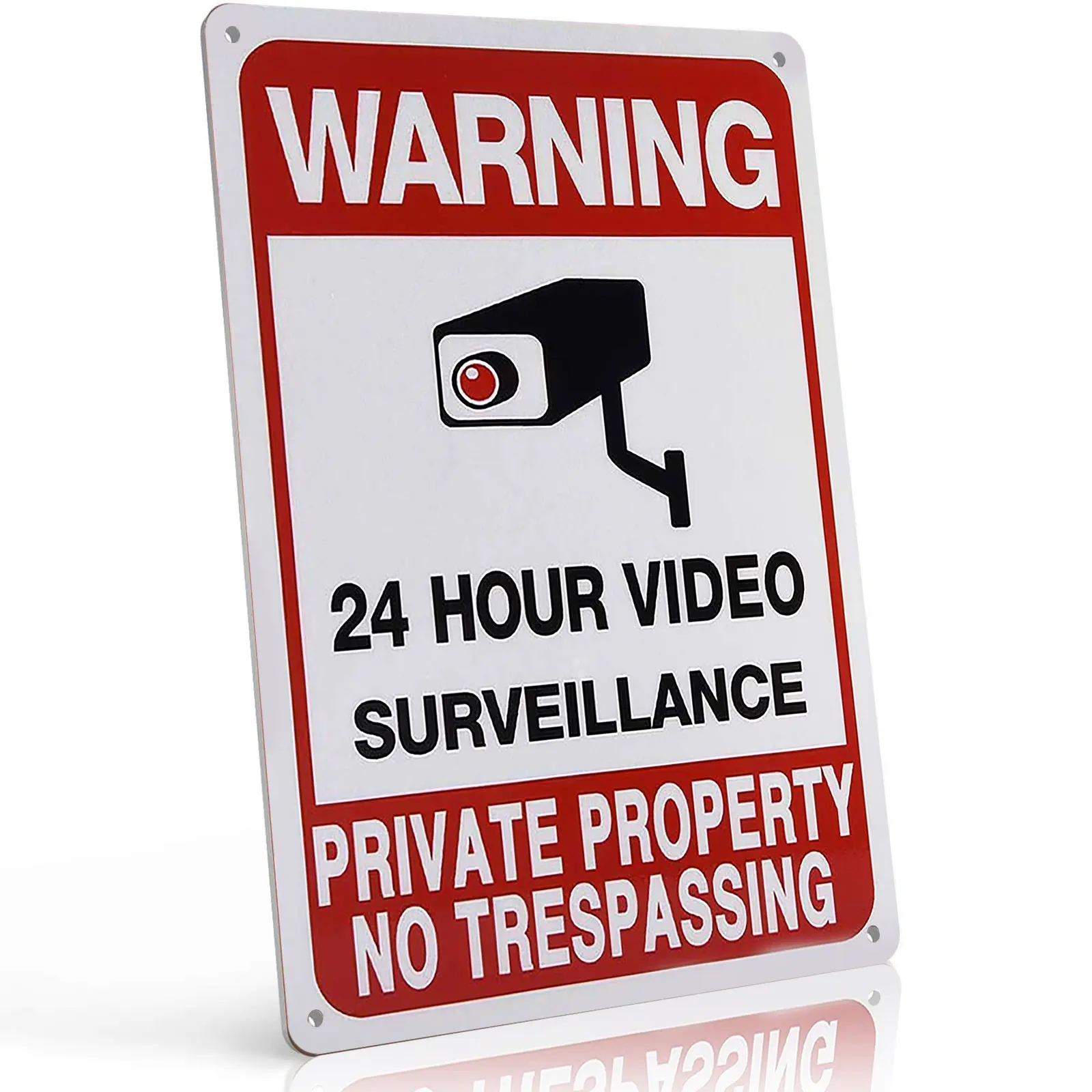 Warning 24 Hour Video Surveillance 8x12 Aluminum Metal Warning Sign, Private Property No Trespassing Plaque. Durable weatherproof sign for gate, yard & driveway, reliable outdoor home security wall plaque.