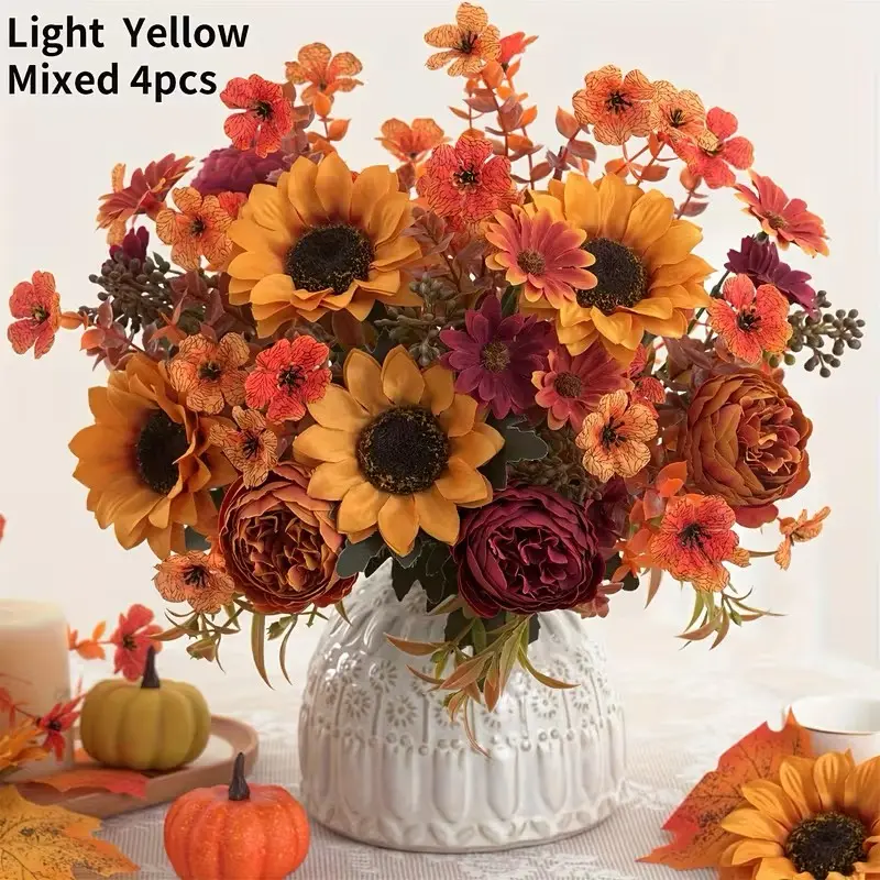4PCS / 8PCS Realistic Artificial Flower Bouquet, 12.6 Inch Fall Peony & Sunflower, Wedding Home Decor, Bendable Wire Stems, Indoor Outdoor Centerpiece