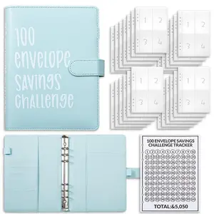 100 Envelopes Money Saving Challenge - Budget Binder for Cash Saving with 100 Day Plan, PU Leather Cover in Black and Purple