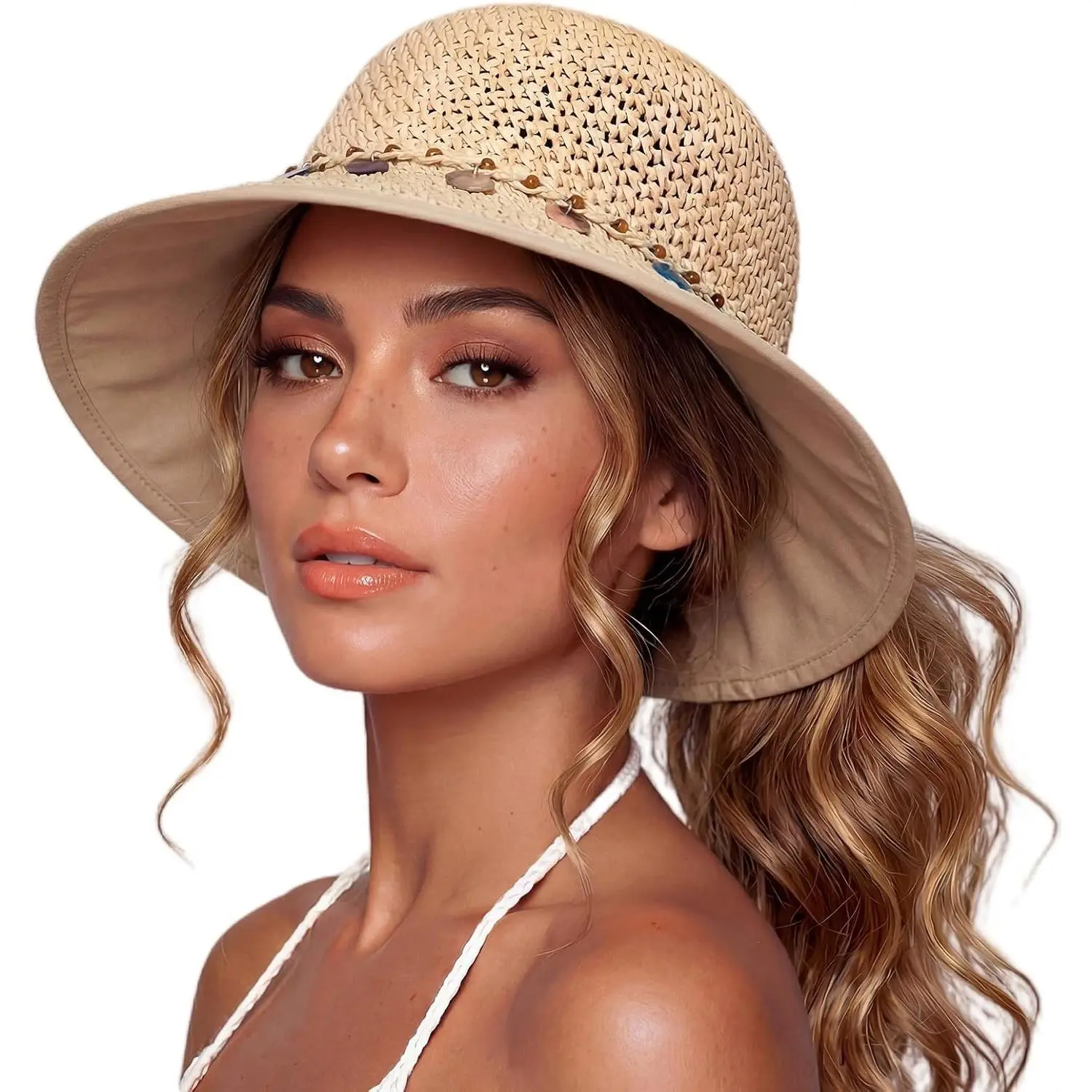 Ponytail Cooling Handmade Straw Sun Hat for Women Beach UPF 50+(Gift)