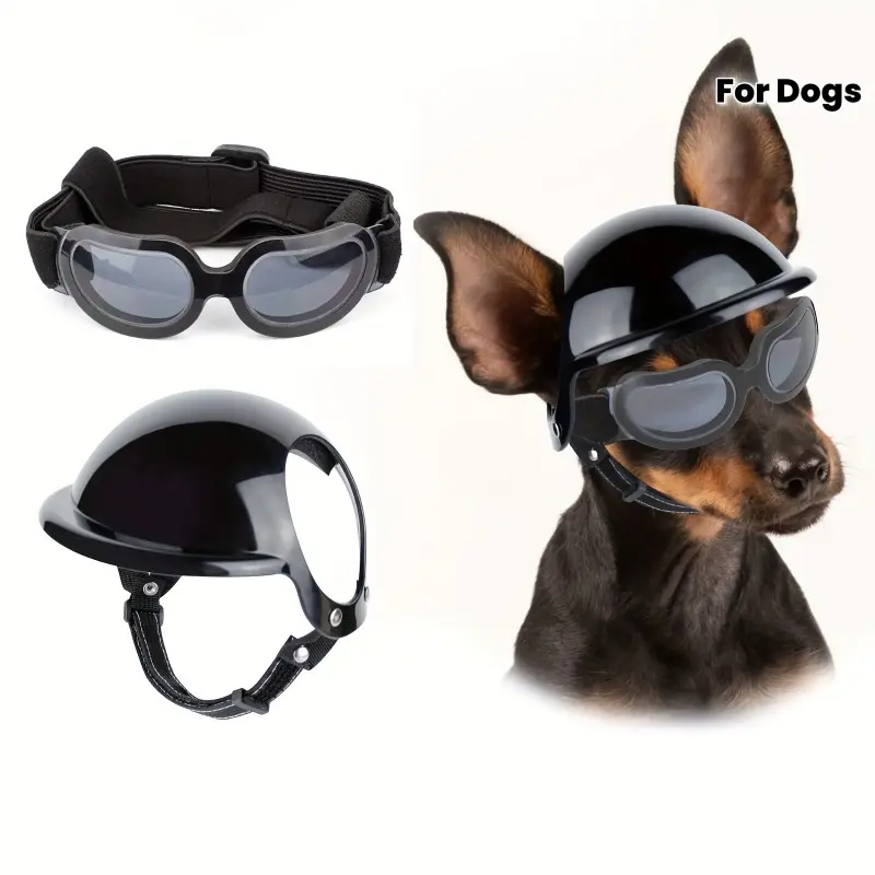 Pet dog helmet and glasses set - Adjustable nylon strap dog sunglasses with UV protection, windproof, dustproof dog goggles. Dog helmet with ear holes for motorcycles. Suitable for outdoor outings.