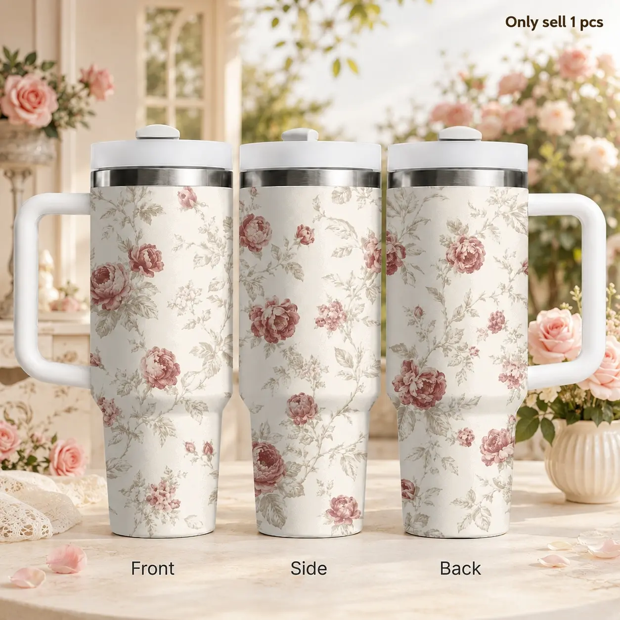Floral Petals 40oz Tumbler with Handle & Straw | Stainless Steel Vacuum Insulated Travel Mug | Leak-Proof Cupholder Friendly Bottle | Keeps Cold 24H Hot 12H | Gym, Office & Car Use