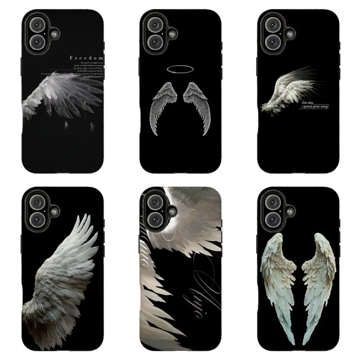 Custom Black Background Angel Wing Wireless Plastic Shockproof Resistance Casing - Dark Minimalist Aesthetic Cellphone Accessory, For iPhone 11-17 Pro Max & Samsung S22-S26, Handheld Gift For Anime Lovers
