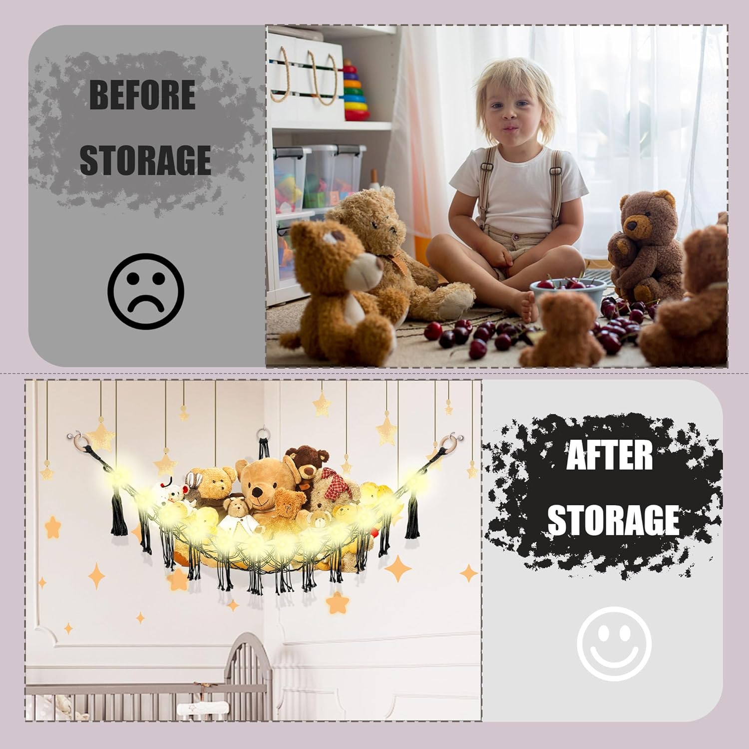 Stuffed  Hammock with LED Light,  Hammock for Stuffed  Storage for  Room Decor, Stuffed  Hammock Corner, Black