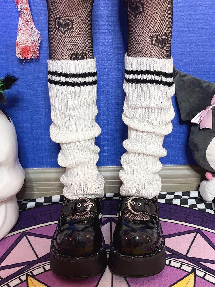 KOSAHIKI Lolita Socks Goth Striped Knit  Girl Leg Warmers Women Japanese  Harajuku Winter Boot Cuffs Legs Cover