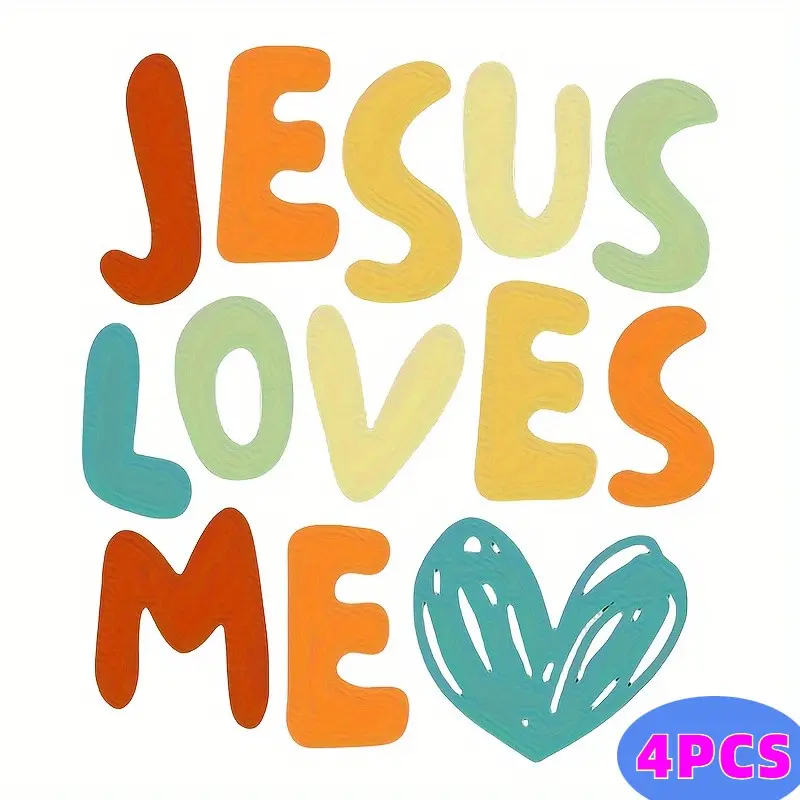 4-Piece Fashion Heat Transfer Stickers, Jesus Loves Me Pattern, Dye Sublimation, Washable, DIY Craft Supplies, Decorative Vinyl