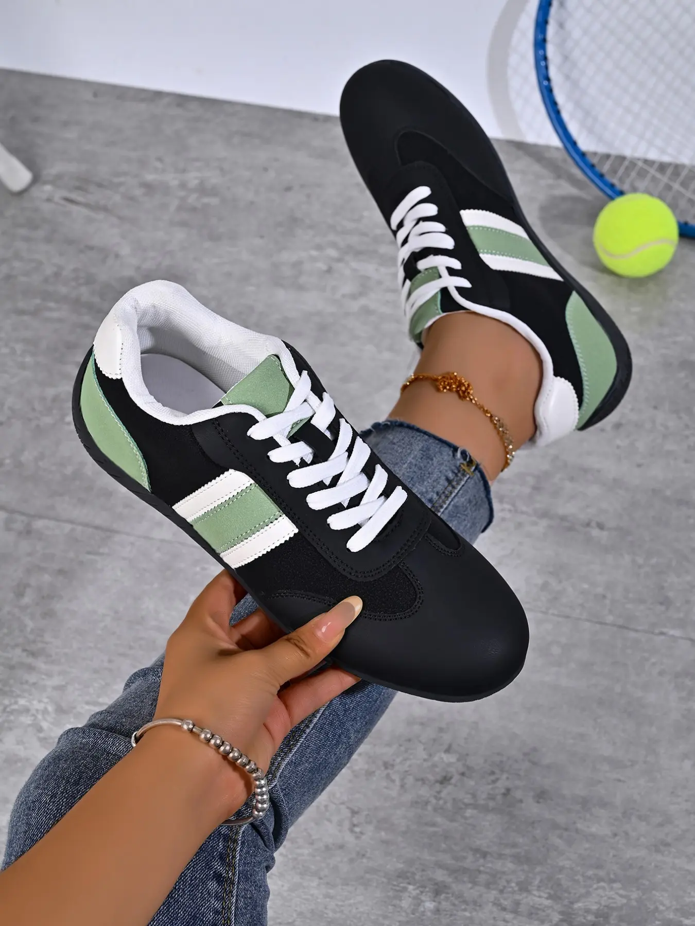 Women Light Sky Blue Patchwork Three Stripes Sneakers, Gum Rubber Flat Sole, Lace Up Retro German Trainers, Casual Daily Walking Shoes