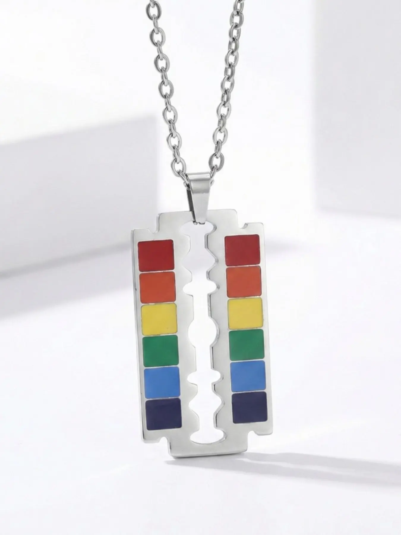 Stainless Steel Rainbow Pride Razor Blade Pendant Necklace, Enamel Lgbt Pride Declaration Necklace, Silver Color Chain, Unisex Jewelry