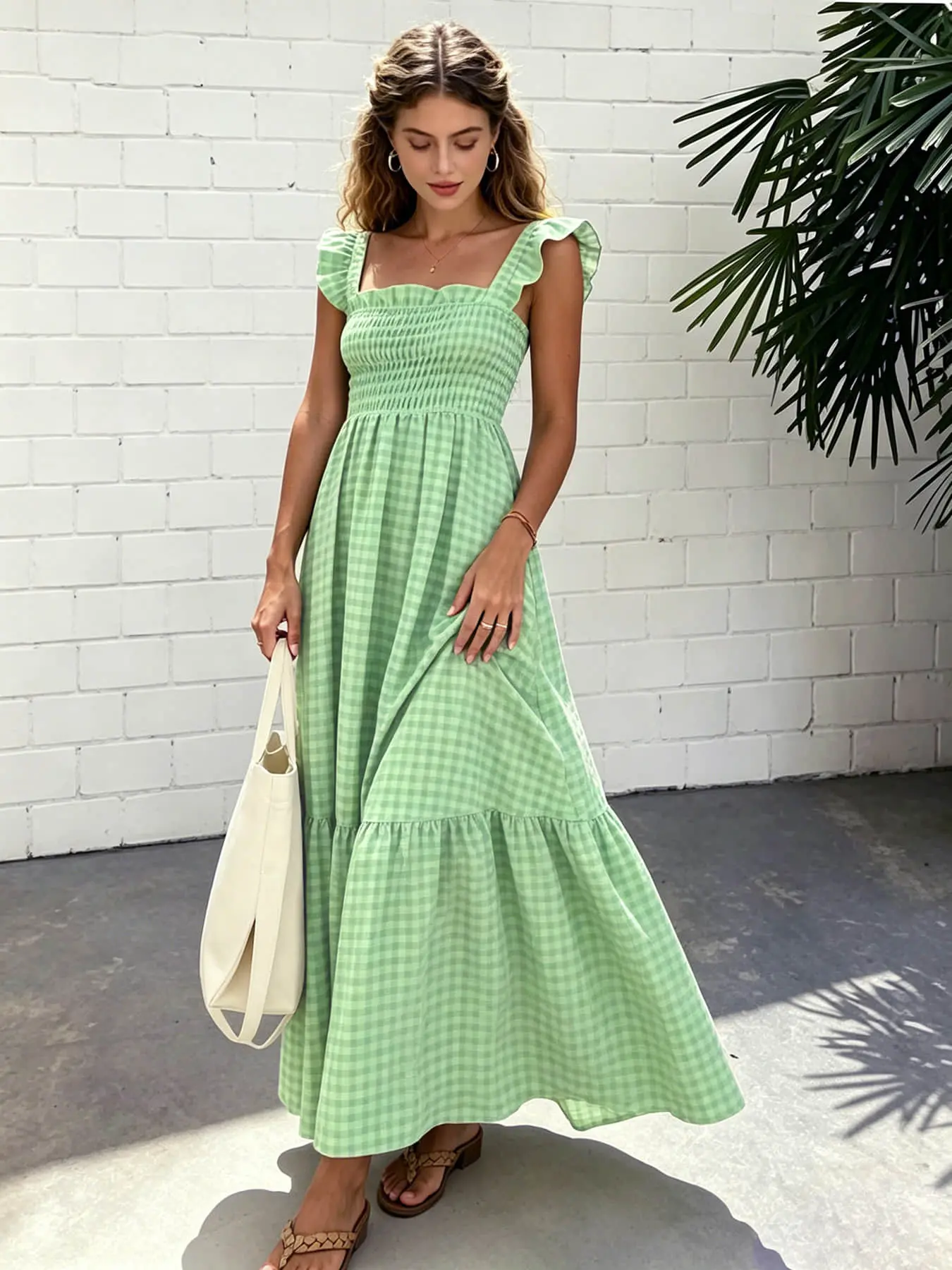 A fashionable and fresh plaid square neck dress for women, with small fly sleeves, suitable for summer, beach vacations, friend gatherings, park picnics, etc.