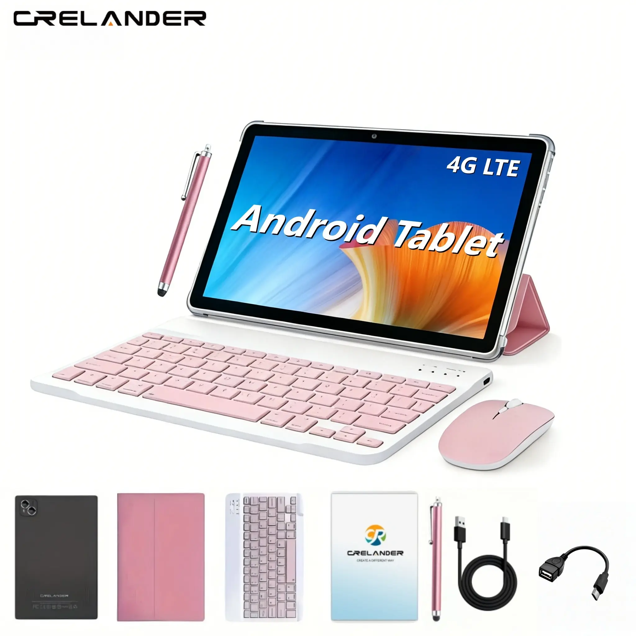 CRELANDER 10.1 Inch Android Learning Tablet, 6(3+3)GB RAM+128GB ROM, 2.4G+5G WIFI, 4G LTE, 5MP+13MP Dual Camera, GPS Includes Case OTG, Keyboard Mouse Pad Set(Pink/Gray)