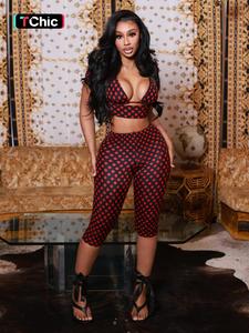 Women's Three-Piece Set with Polka Dot Print Tank Top, Slimming Short Sleeve, Tight Long Pants, Ideal for Outing and Dating