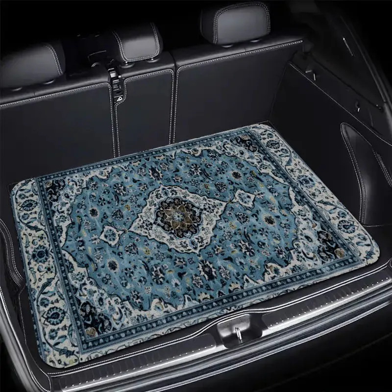 2D Flat Blue Bohemian Pattern Car Trunk Mat, Dust-Proof Easy-Clean, Universal Fit, Durable Suv Trunk Liner, Perfect Gift, All-Season Use, Car Accessories