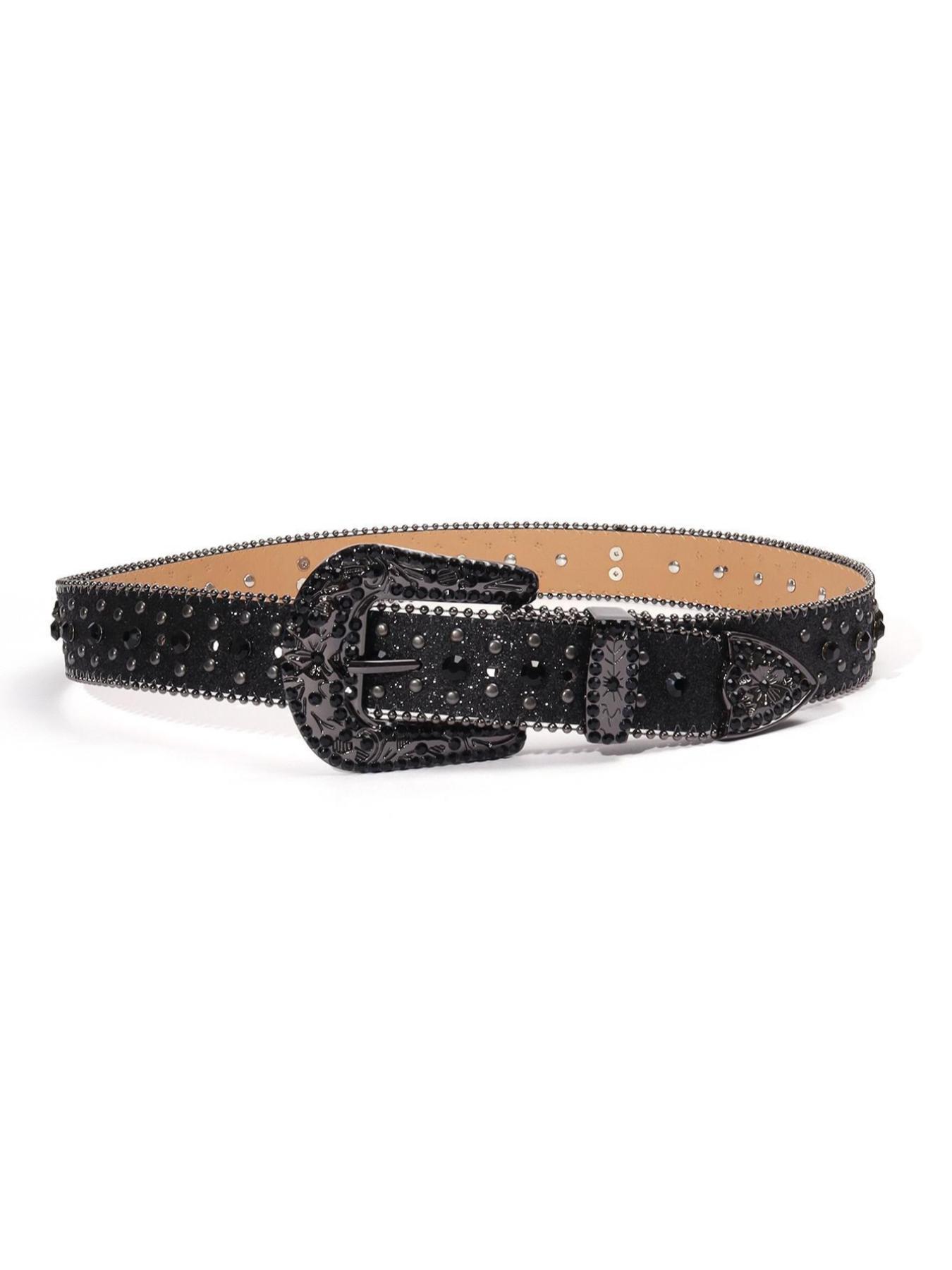 Punk Style Rhinestone Decorated PU Belt with Buckle, Fashion Cross Belt for Party, Daily Clothing Decor, Trendy Versatile & Exquisite Belt for Birthday Gift