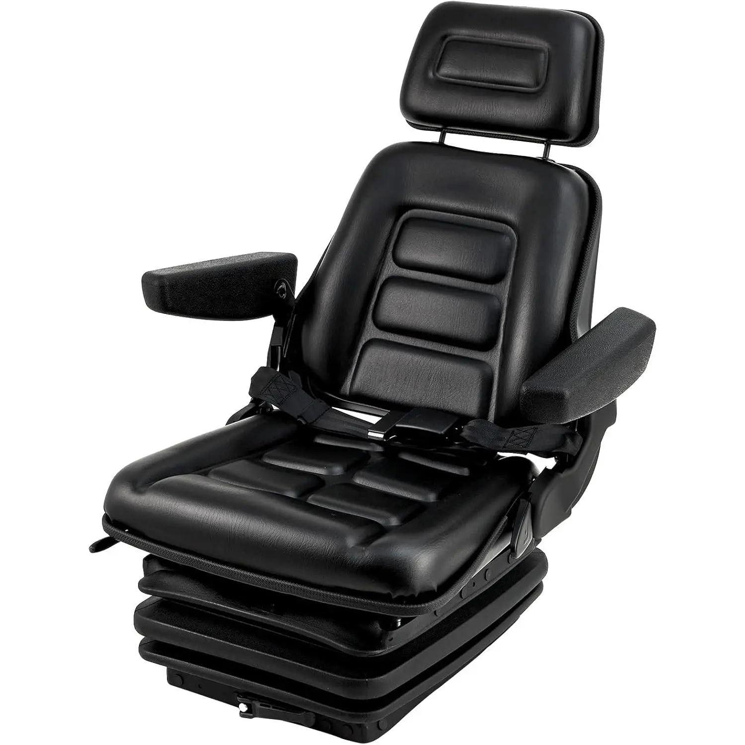 Global Heavy Duty Suspension Seat for Industrial Vehicles – Adjustable Armrests, Headrest & Seat Belt – 3-Stage Shock Absorber, Slide Rails – Backrest Reclines 0-120° – Ideal Replacement for Tractors, Forklifts, Excavators