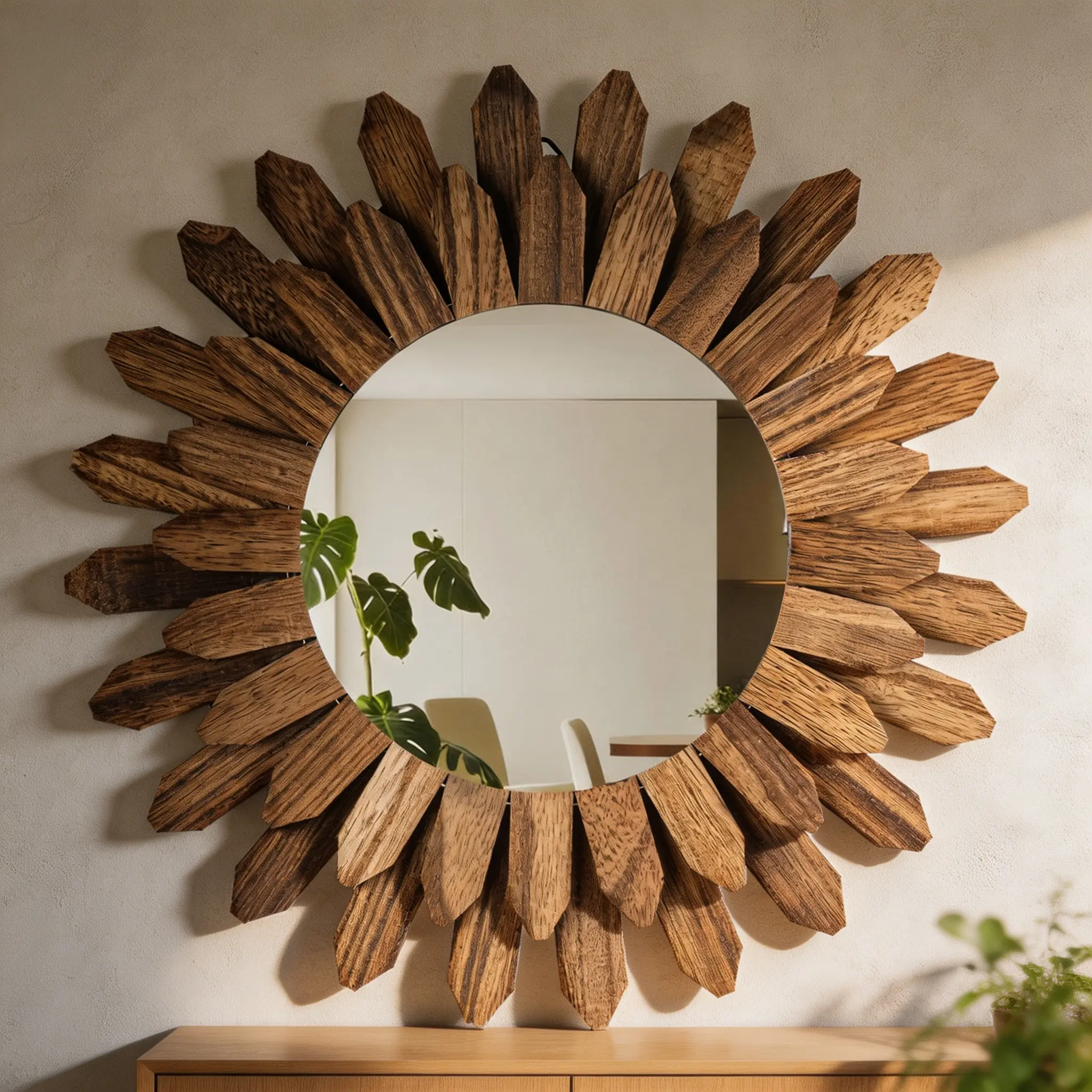 12 Inch Rustic Wood Sunburst Wall Mirror, Carbonized Black Boho Decorative Round Mirror, Farmhouse Hanging Wall Mirror for Entryway Bedroom Living Room Bathroom, Unique Housewarming Gift