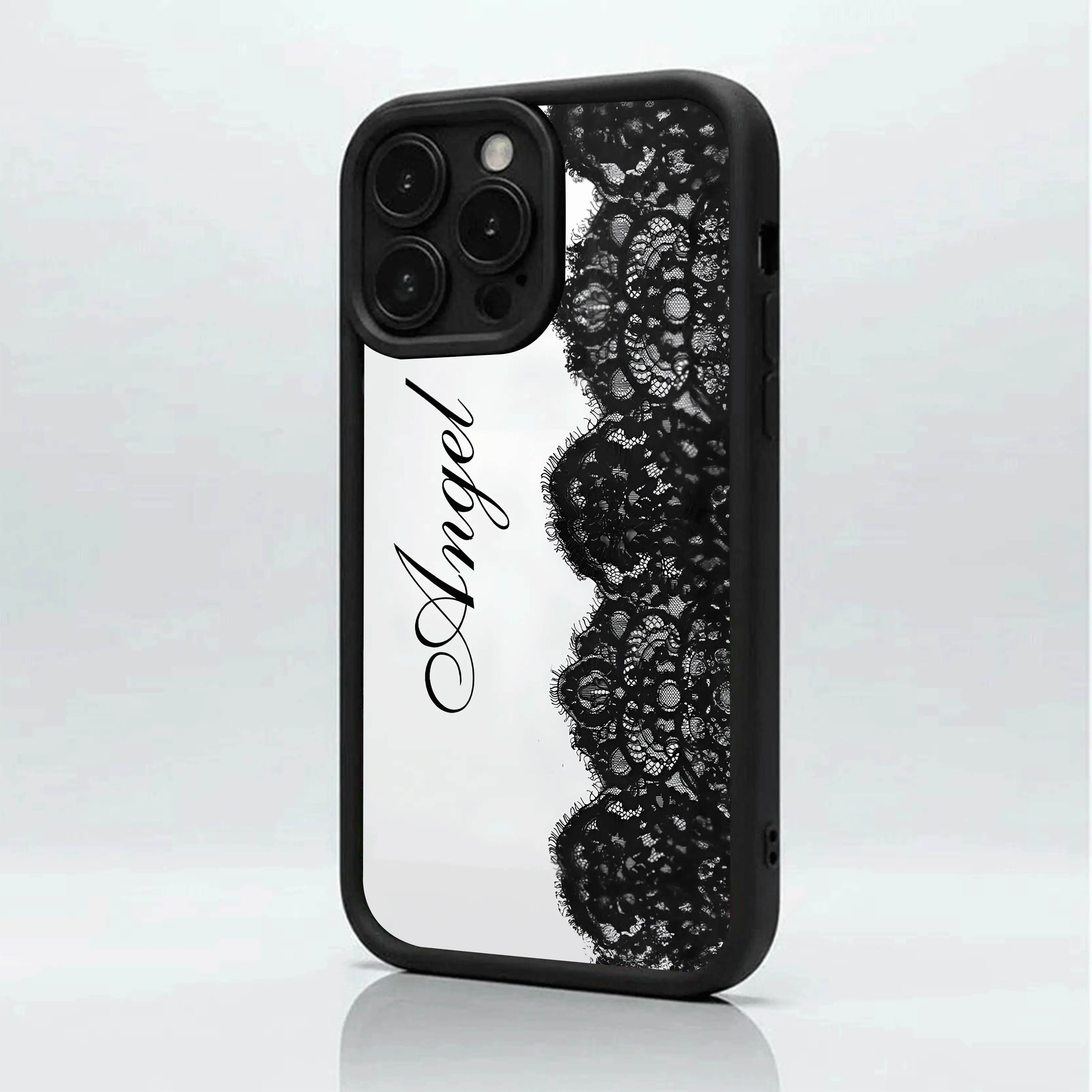 Black Lace Trim Angel Letter, Matte Non-Slip TPU + Silicone Shockproof Phone Case | Unisex Classic Material | Multi-Model Compatible for iPhone 17-11 Pro Max/Plus/Air & Samsung Galaxy S26-S21 Ultra/Plus/FE