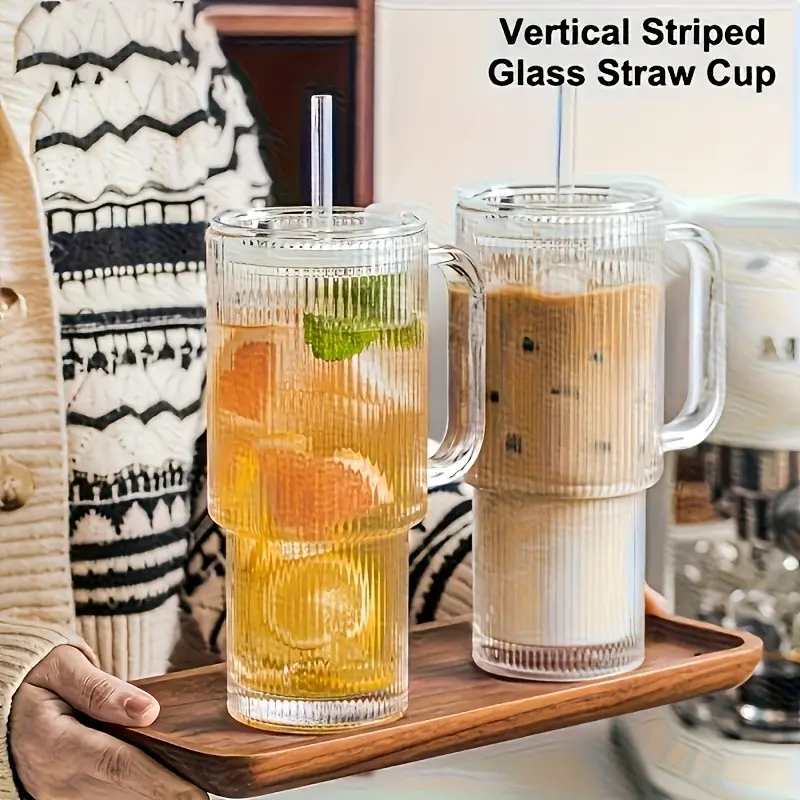 2-Pack Vertical Striped Glass Straw Cups with Handles and Lids, Outdoor Water Bottles, Large Coffee Juice Milk Cups, Travel Mugs for Smoothies Tea Juice, Birthday Gift