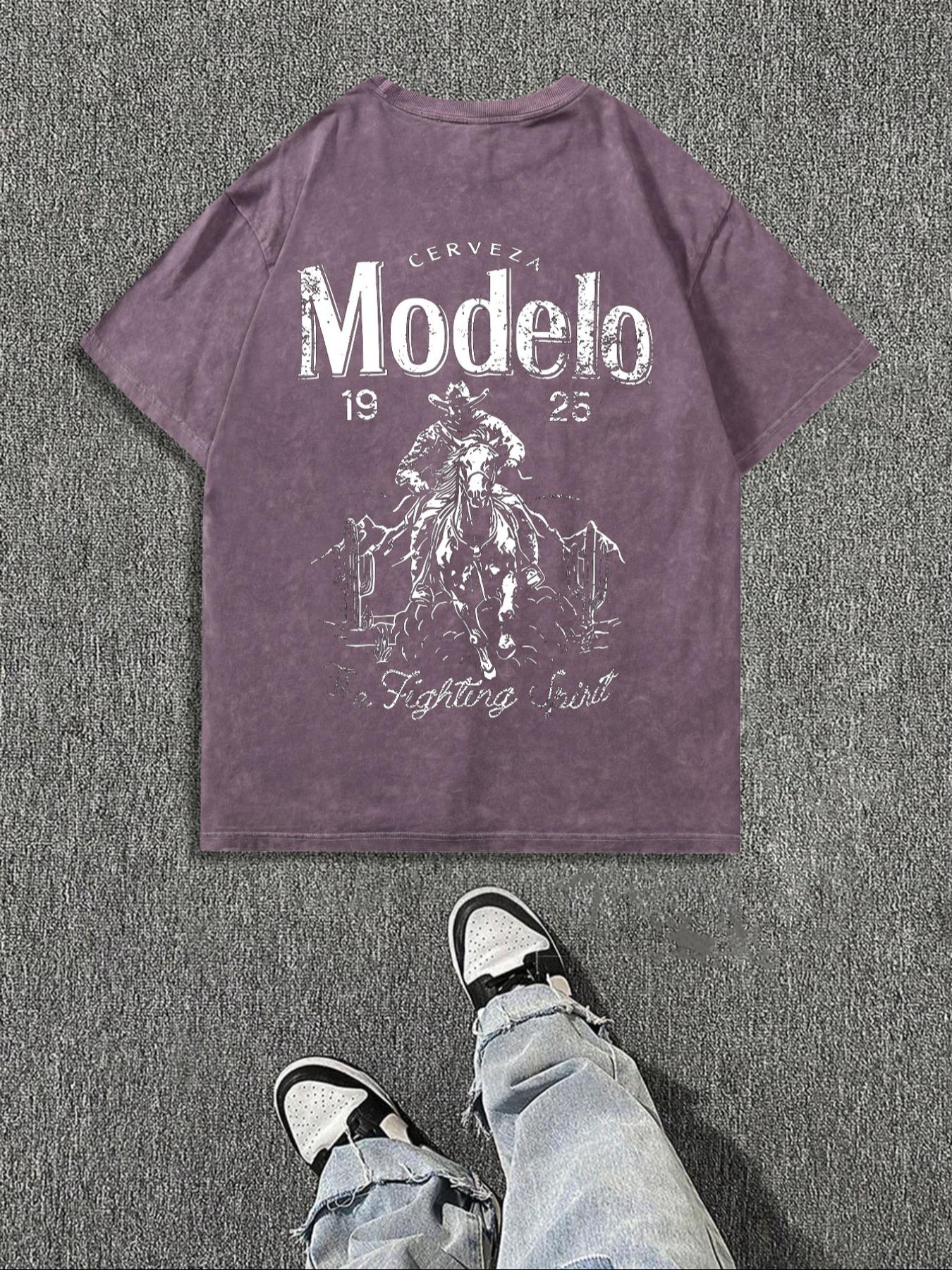 Men's Vintage Letter & Cowboy Print Casual Graphic Design Short Sleeve Tee, Casual Loose Retro T-shirt for Daily Wear, Menswear for All Seasons, Men's Graphic Tees