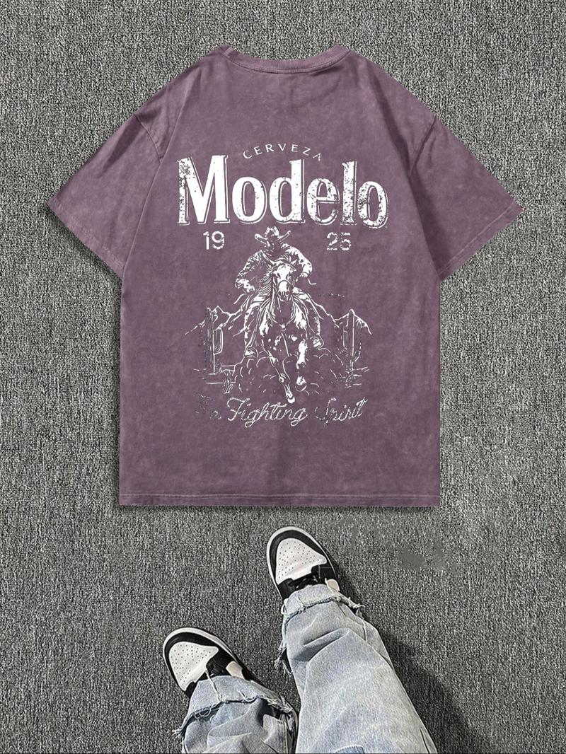 Men's Vintage Letter & Cowboy Print Casual Graphic Design Short Sleeve Tee, Casual Loose Retro T-shirt for Daily Wear, Menswear for All Seasons, Men's Graphic Tees