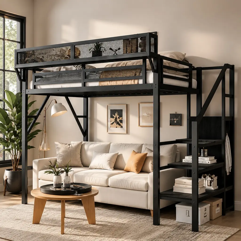 ARCH Twin Size Metal Loft Bed with Stairs, Storage Shelves, and Built-in Wardrobe, Space-Saving Design for Kids Teens, Black or White, Sturdy Metal Construction