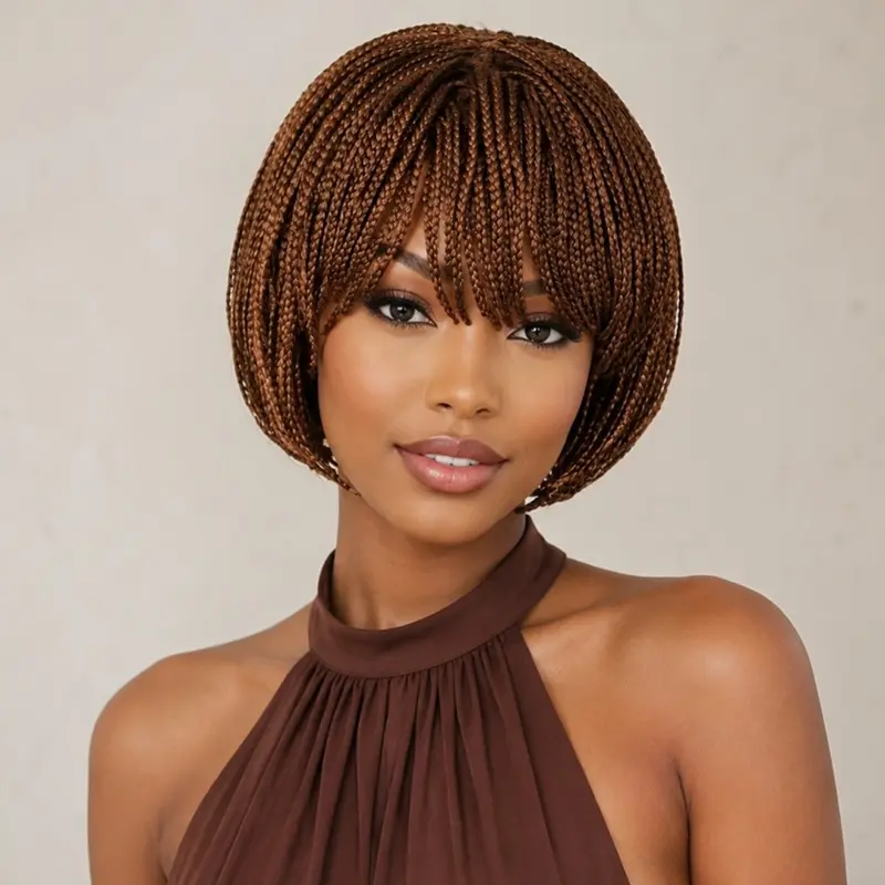 Women's Short Synthetic Braided Wig with Bangs, Braided Design, High-Temperature Fiber Hairpiece, & Wigs for Braids, Braided Dreads, Twists, Afro Kinky Braids, Synthetic Bohemian Box Braid, Boho Style Wigs