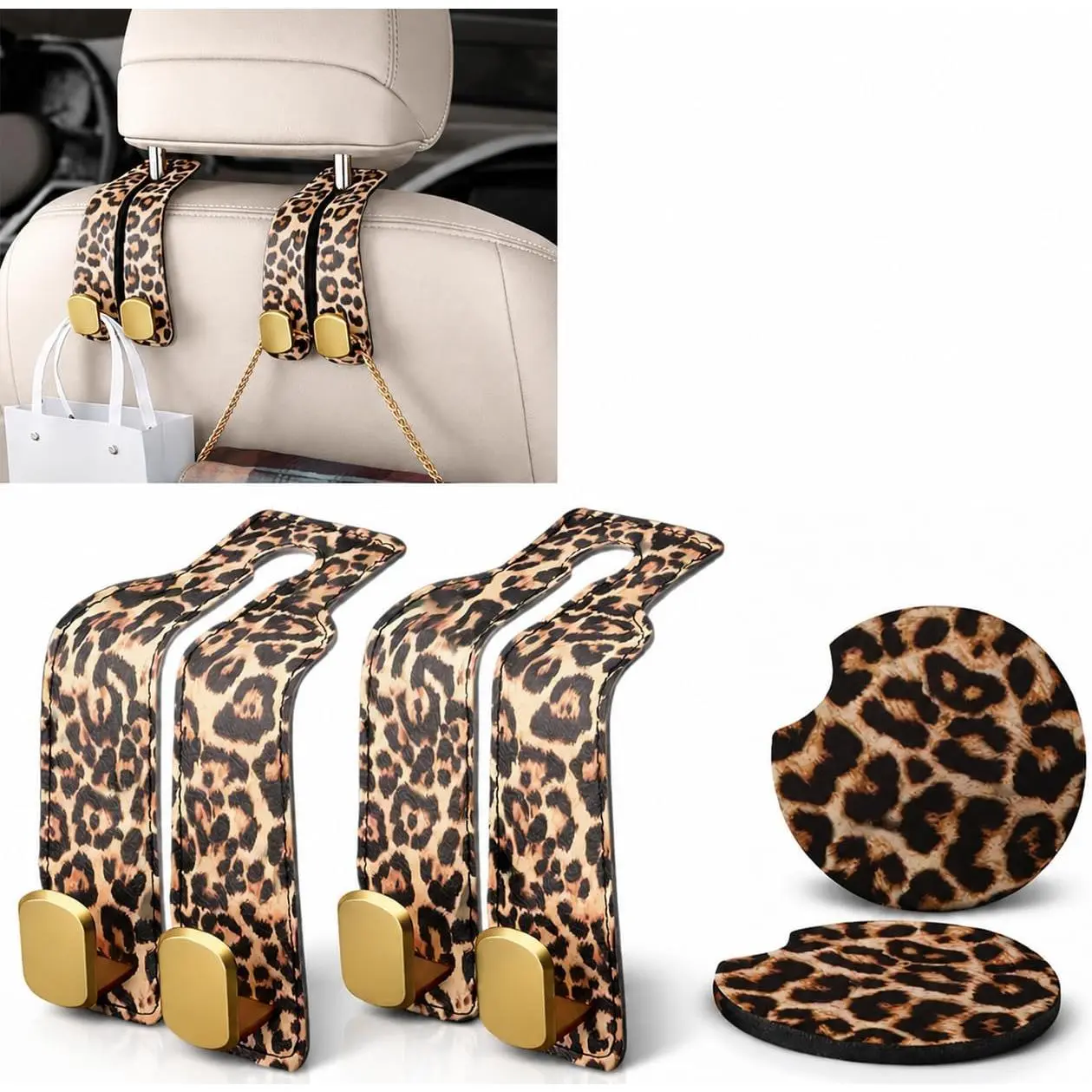 Leopard Print  Accessories for Women, Leopard  Accessories Set with 2  Seat Headrest Hooks and 2 Cup Holder Coasters, Cute  Interior Decor for Purses, Bags and Stylish  Gifts