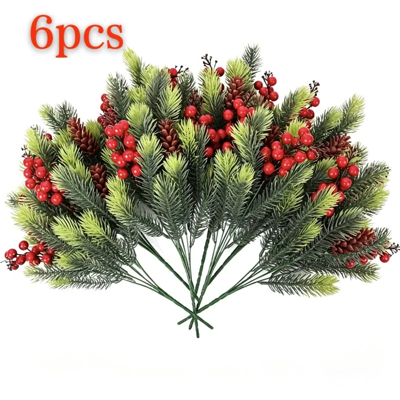 6pcs Artificial Christmas Flowers Bouquet, Pine Cone Berry, Fake Floral Winter Faux Flowers, Home Indoor Outdoor Decorations, Holiday Decor