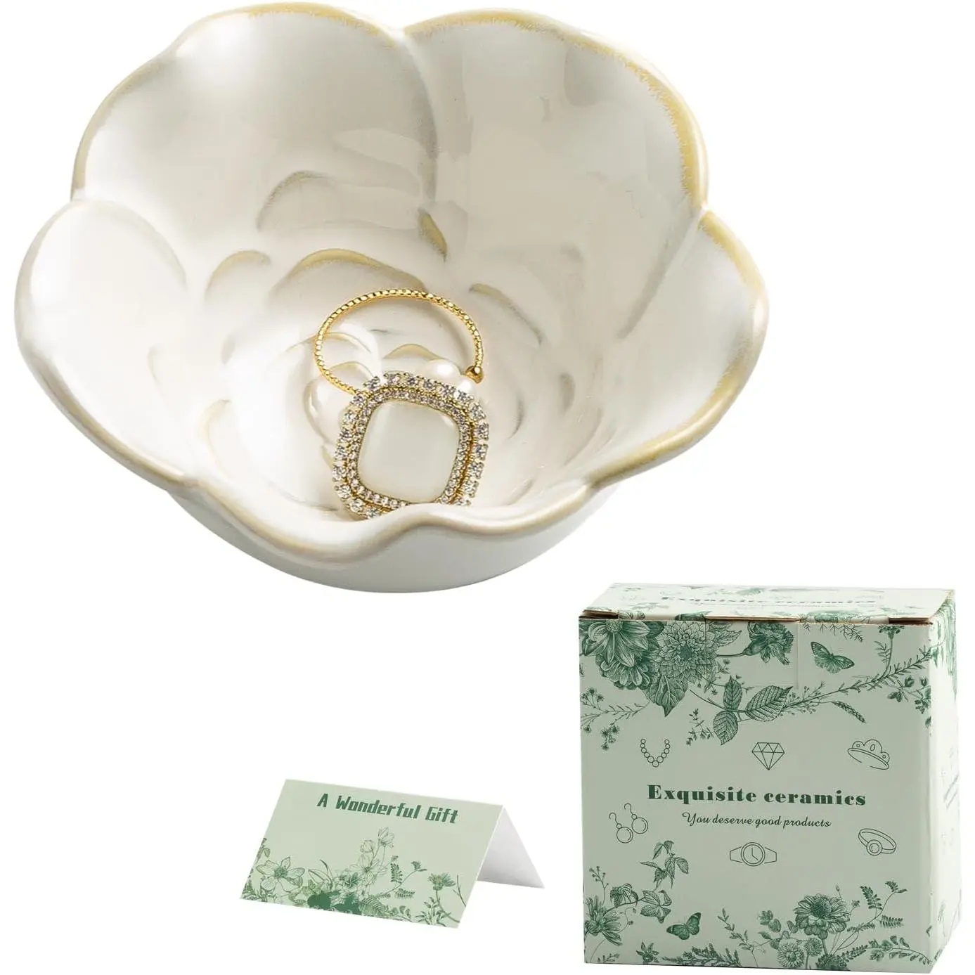Ceramic Flower  Dish, 3.5 in Ring Tray with  Box & Card | Open flower shape keeps rings, earrings and necklaces visible while making items easy to pick up.