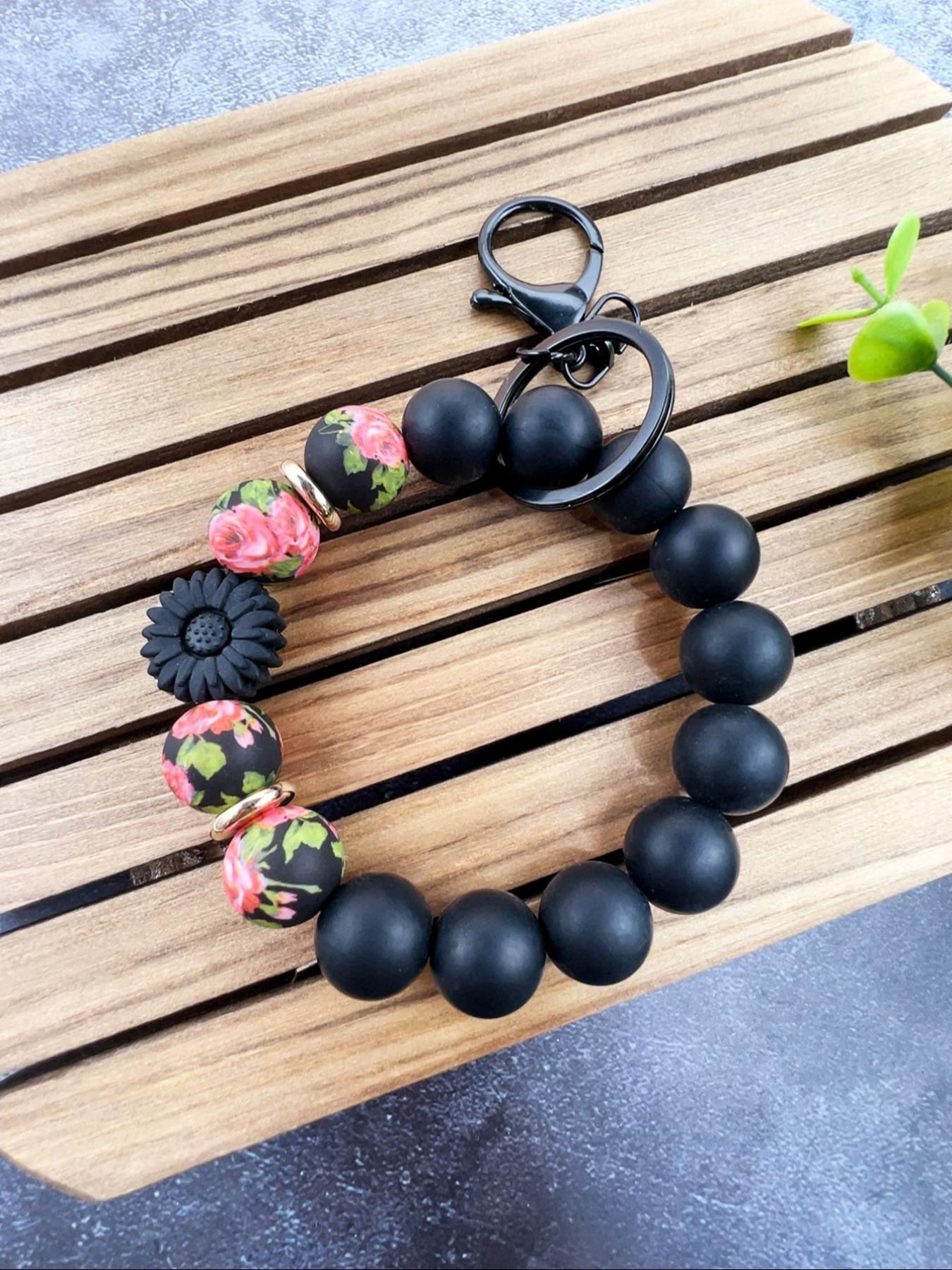 Boho Style Flower Decor Beaded Keychain, Vintage Style Silicone Beaded Keychain for Women & Men, Fashion Accessories for Daily Use, Floral Pattern Keychain