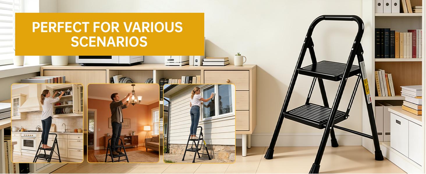 2 Step Ladder, Step Stool with Wide Anti-Slip Pedal, 330 lbs Capacity,Step Ladder Folding Step Stool for Adults, Lightweight Steel Portable ladders for Home Kitchen & Office,Black