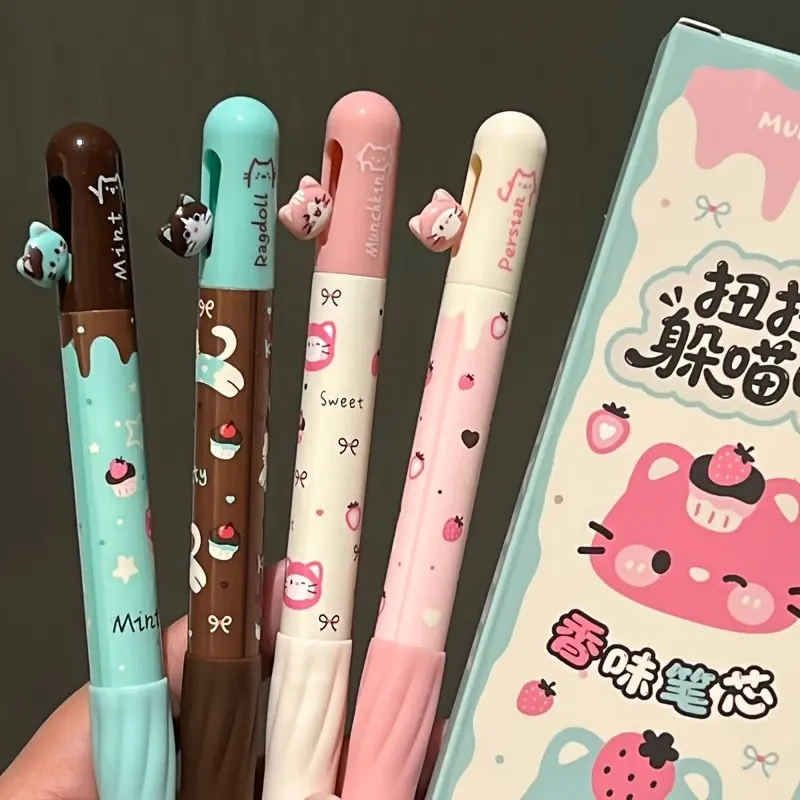 4/8/16pcs Cat-Themed Neutral Pens, Macaron Sweet Style, Smooth Quick-Dry Ink, 3D Cat Topper, Cartoon Print Barrel, Non-Slip Grip