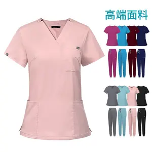 Wholesale elastic surgical uniforms, V-neck short-sleeve hospital nurse uniform set, women's operating room scrub suit