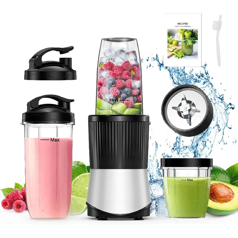 High Power Blender 900W, 11-Piece Compact Smoothie Prep Set with Portable Cups - Kitchen Appliance Includes 3 To-Go Cups, 2 Spout Plastic Lids, 1 Solid Plastic Lid for Shakes, Frozen Drinks