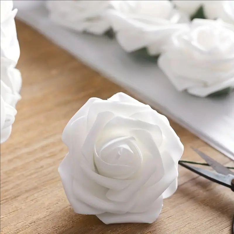 25pcs/Lot High-Grade White PE Rose Artificial Flower Head With Stem DIY Bouquet Wedding Party Decoration Scrapbook Supplies