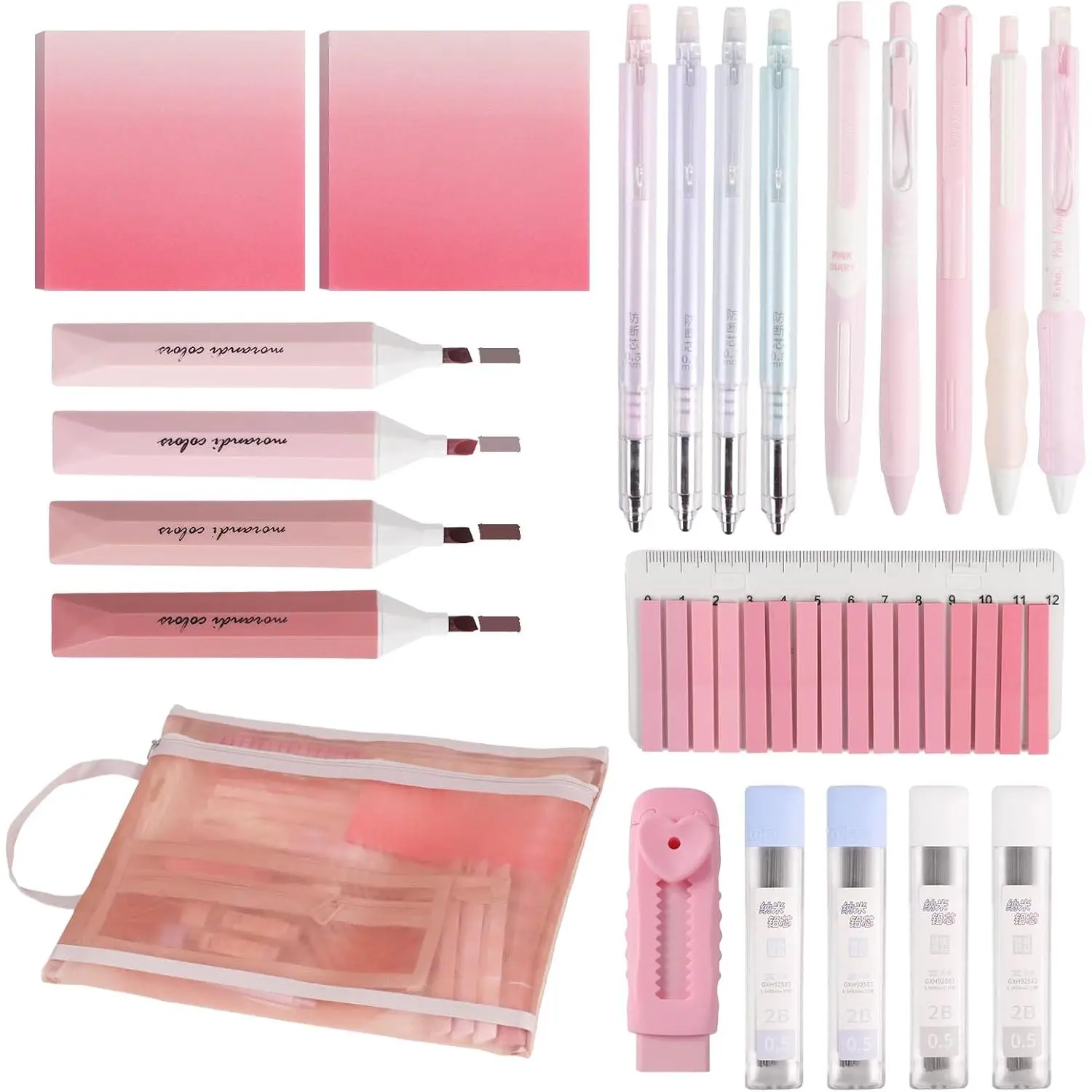 23- Aesthetic Stationery Set for Students & Office | Includes 0.5mm Mechanical Pencils, Gel Pens, Highlighters, Sticky Notes, Eraser, Pouch & Folder –