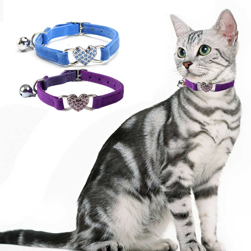 Adjustable Cat Collar with Bell, 2 Counts/set Cute Rhinestone Decor Heart Shaped Decoration Cat Collar, Pet Supplies for Indoor Outdoor Use