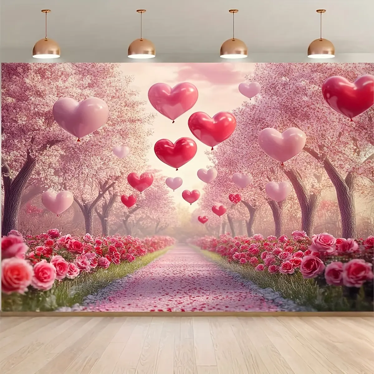 Pink Sakura Heart Path Background Cloth, Dreamy Floral Photography Backdrop for Wedding, Baby Shower, Room Decoration, Party Supplies and Studio Photoshoot
