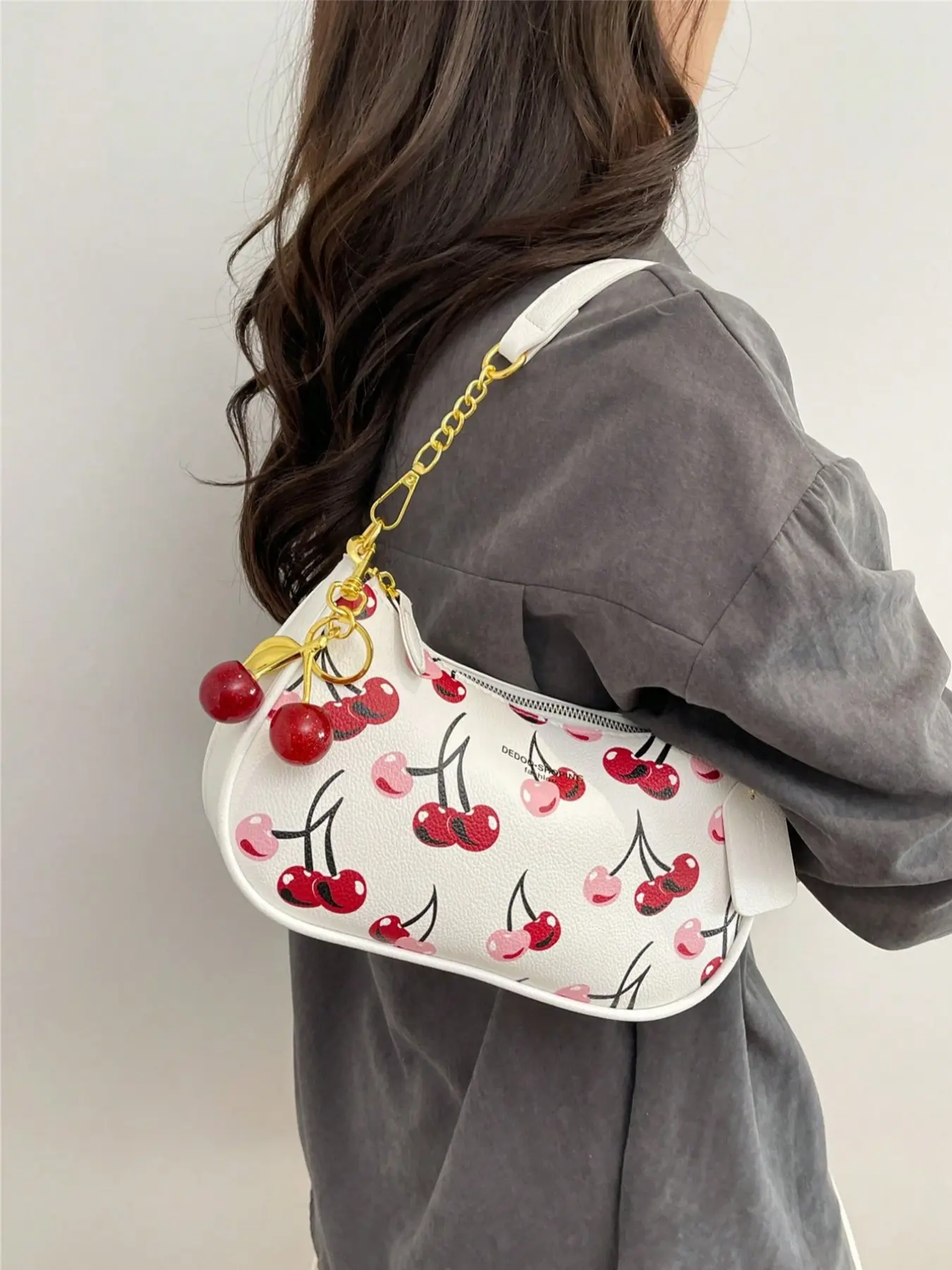 2026 New Crescent Moon Shoulder Bag, European and American Style Underarm Handbag, Crossbody Bag with Cherry/strawberry Print