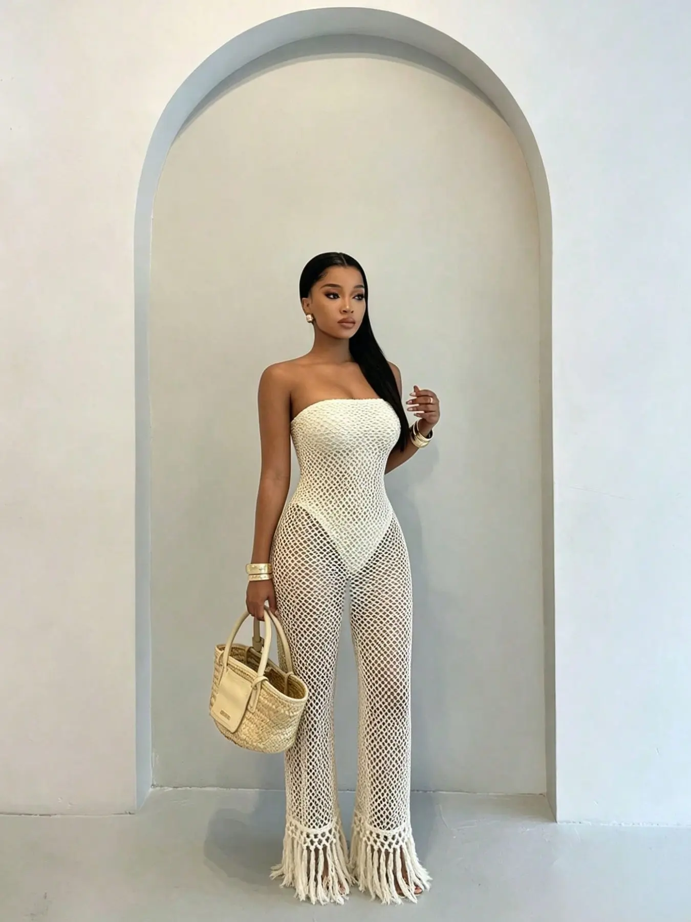 Boho Style Sleeveless Crop Top Knit Hollow Out Fringe Romper, Beach Vacation Photo Atmosphere Transparent Sheer Wide Leg Pants, Trendy Summer Bohemian Fashion Fit Women Vibe