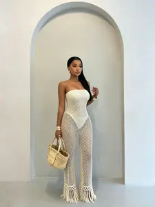 Boho Style Crop Top Knit Hollow Out Fringe Romper, Beach Vacation Photo Atmosphere Transparent Wide Leg Pants, Trendy Summer Bohemian