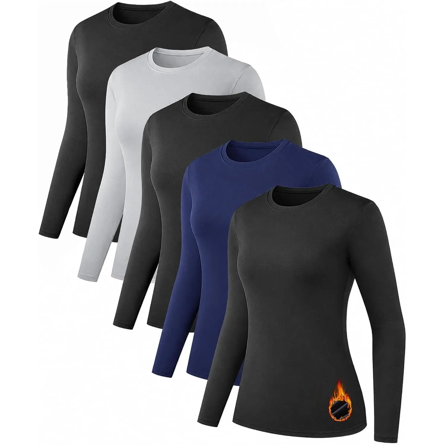 5 Pack Women's Long Sleeve Thermal Shirts for Winter Baselayer |   Ultra Soft fabric, Micro Fleece Lined, Warmth, 4-Way Stretch, Crew Neck Underwear, Slim Fit, for Yoga Skiing Cycling Workout