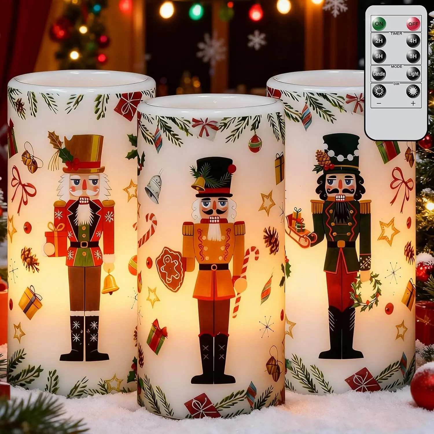 Christmas Nutcracker Flameless Pillar Candles with Remote Timer