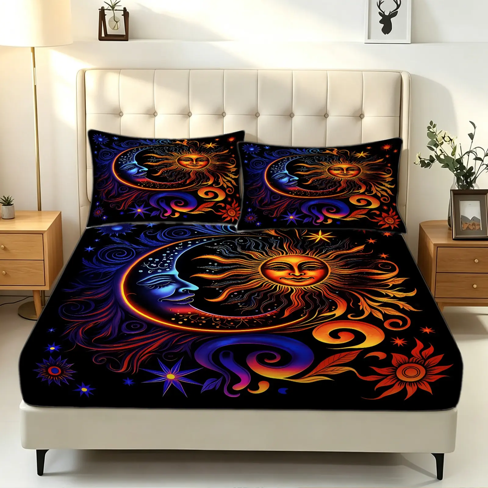 3Pcs Boho Celestial Sun Moon Zodiac Fitted Sheet Set, No Fillers Bed Sheet Set  Psychedelic Starry Digital Print Bedding Set, Soft Microfiber Deep Pocket Mattress Cover Decor for Teen Adult Bedroom Dorm Home Decor, Bed Sheets Set