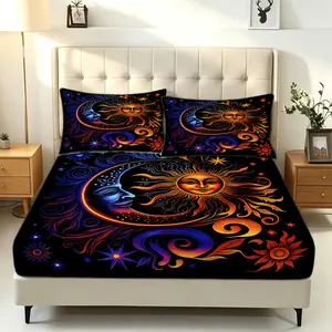 3Pcs Boho Celestial Sun Moon Zodiac Fitted Sheet Set, No Fillers Bed Sheet Set  Psychedelic Starry Digital Print Bedding Set, Soft Microfiber Deep Pocket Mattress Cover Decor for Teen Adult Bedroom Dorm Home Decor, Bed Sheets Set