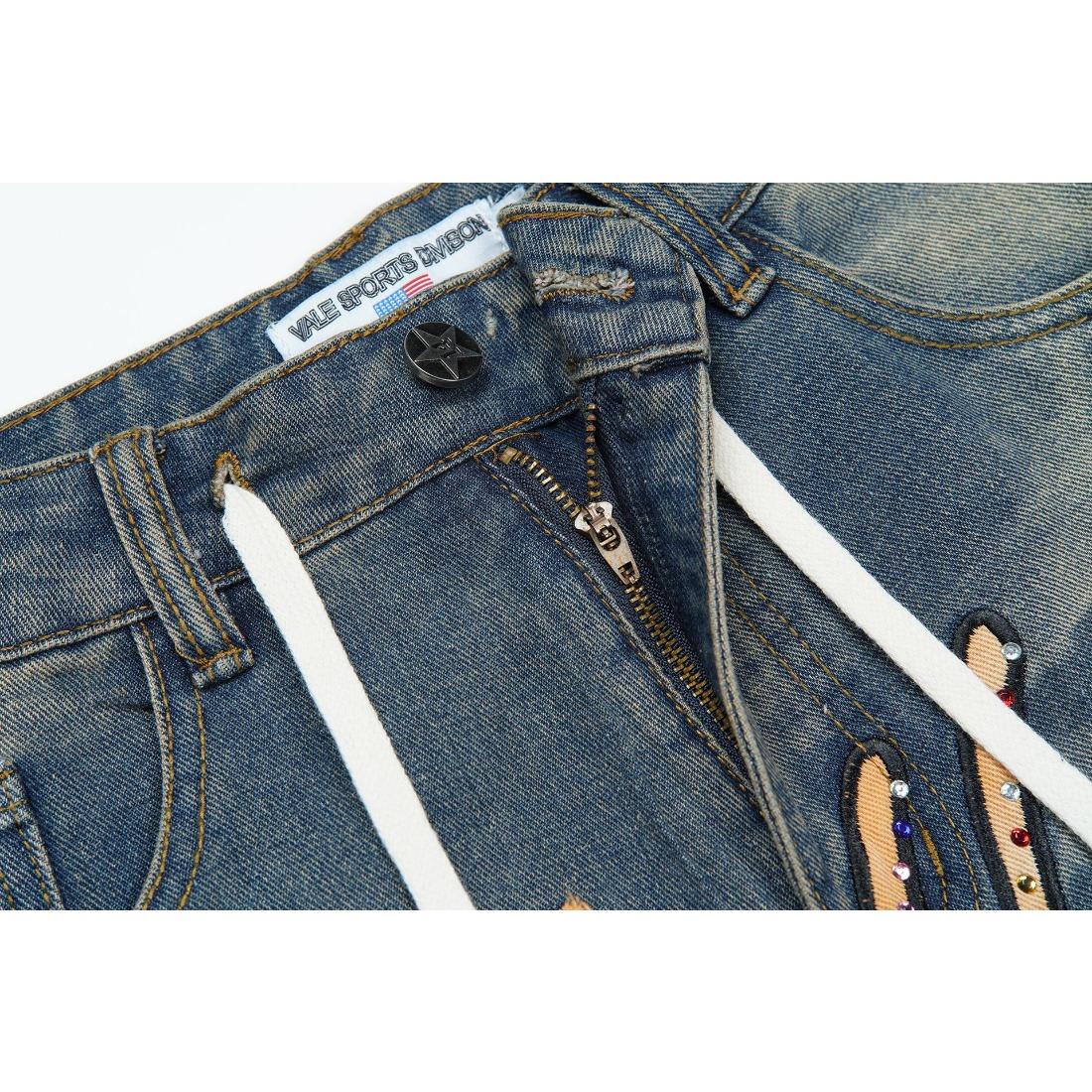 Vale Sports Valley Dreams Vintage Washed Distressed Print Full Rhinestone Bling Diamond Harajuku Letter Embroidery Baggy Denim Shorts European American Hip Hop Y2K Streetwear Loose Knee Length Casual Sparkly Trendy Jeans Shorts For Men Unisex