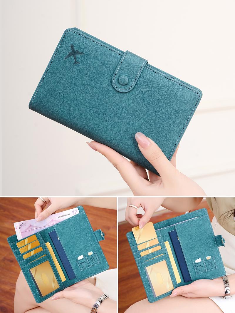Anti-Theft Travel Passport Holder Wallet, Travel Document Holder, Airplane Design, Snap Closure, Multiple Card Slots & Coin Pocket, Durable Polyester Material