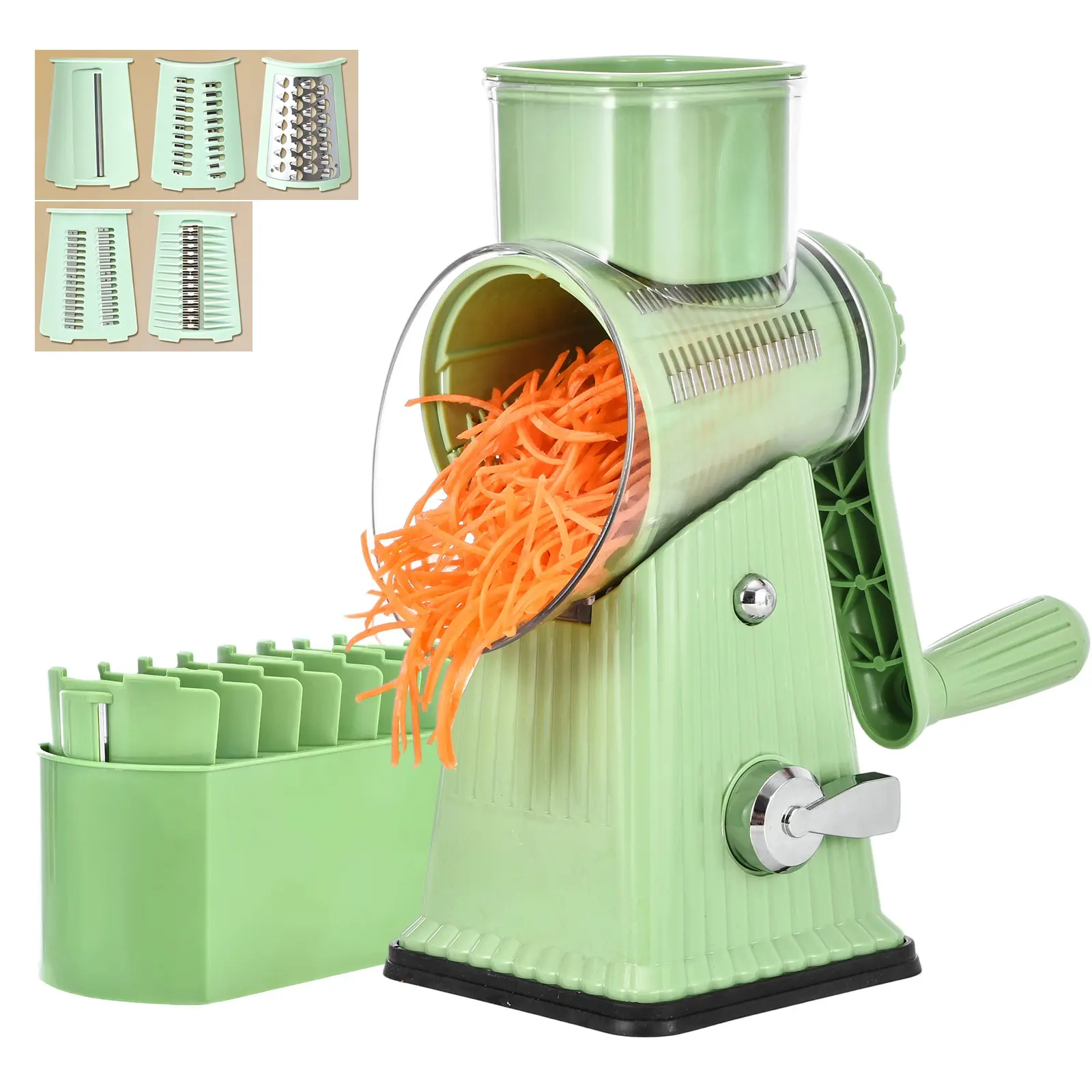5-in-1 Rotary Cheese Grater & Vegetable Chopper with Suction Base, Safety Handle, Manual Multifunctional Vegetable Slicer Shredder Dicer for Cheese, Vegetables, Fruits, Potato & Nuts