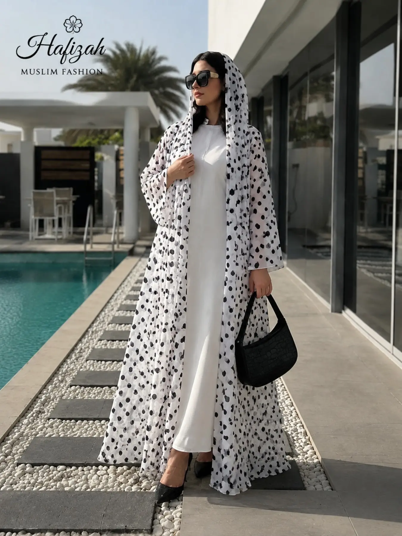 Women's Polka Dot Long Sleeve Abaya Dress with Headscarf, Elegant and Modest Muslim Clothing, Dubai Fashion Style