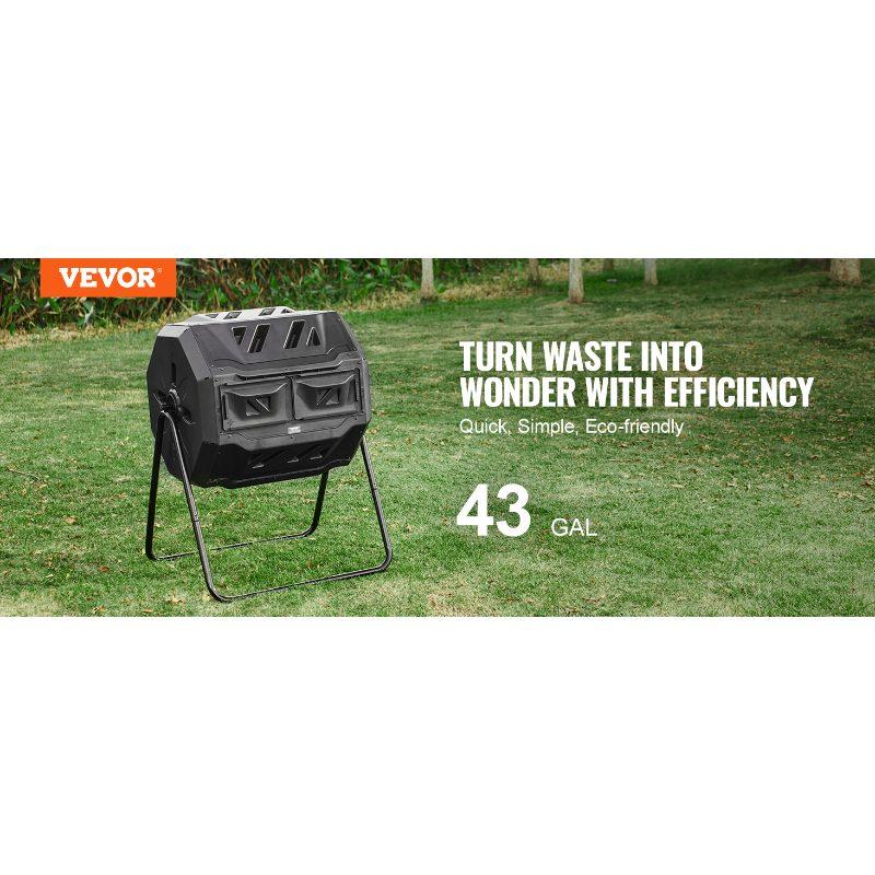 VEVOR Compost Bin, 43-Gal Dual Chamber Composting Tumbler, Large Tumbling Rotating Composter with 2 Sliding Doors and Steel Frame, BPA Free Composter Bin Tumbler for Garden, Kitchen, Yard, Outdoor